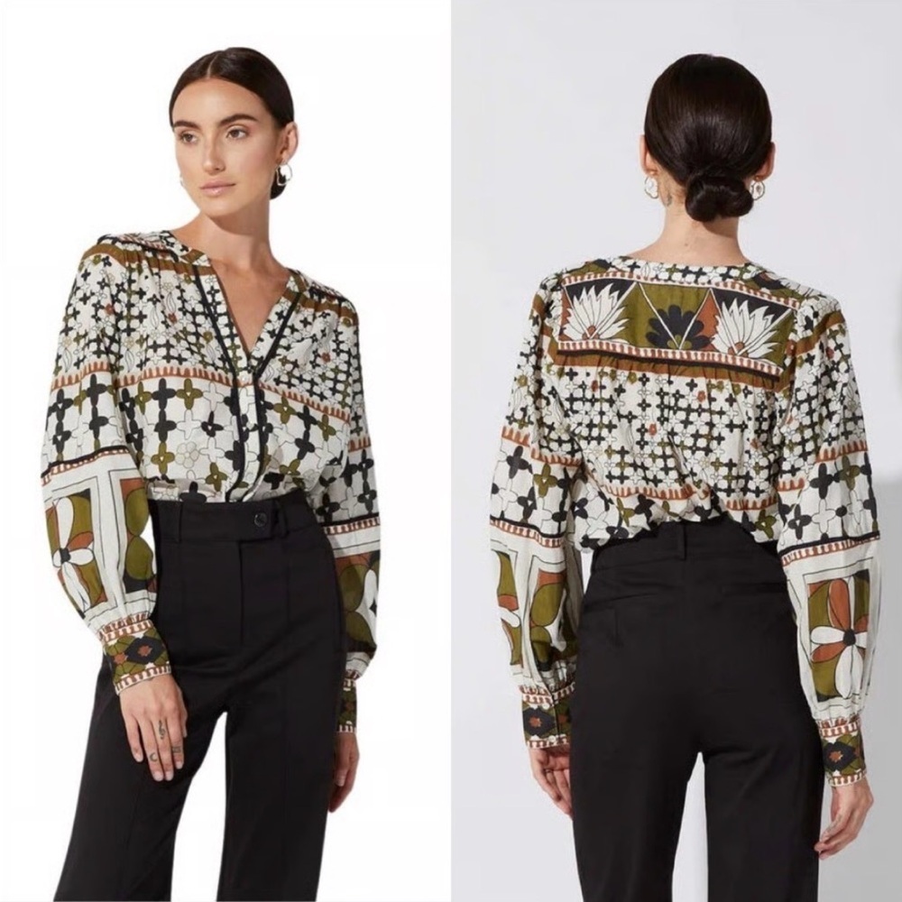 Cleobella Maren Art Deco Geometric Floral Blouse, 100% Organic Cotton, Size XS